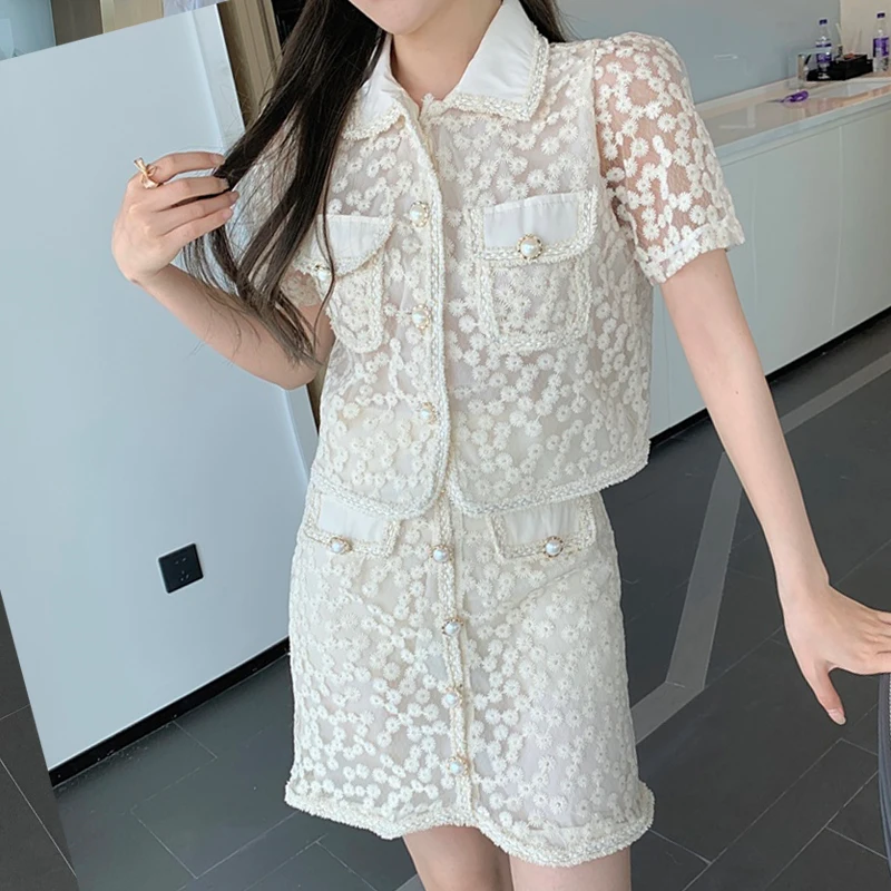 

Temperament Lapel Button Pocket Embroidery Fashion Summer New Women'S Short-Sleeved Top Comfortable Lace Beautiful Skirt Suit