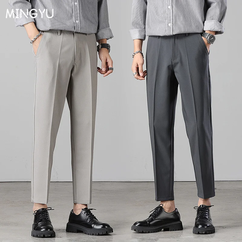 

2023 New Brand Summer Ankle-Length Pants Men Stretch Business Suit Classic Black Grey Korea Straigh Casual Formal Trousers Male