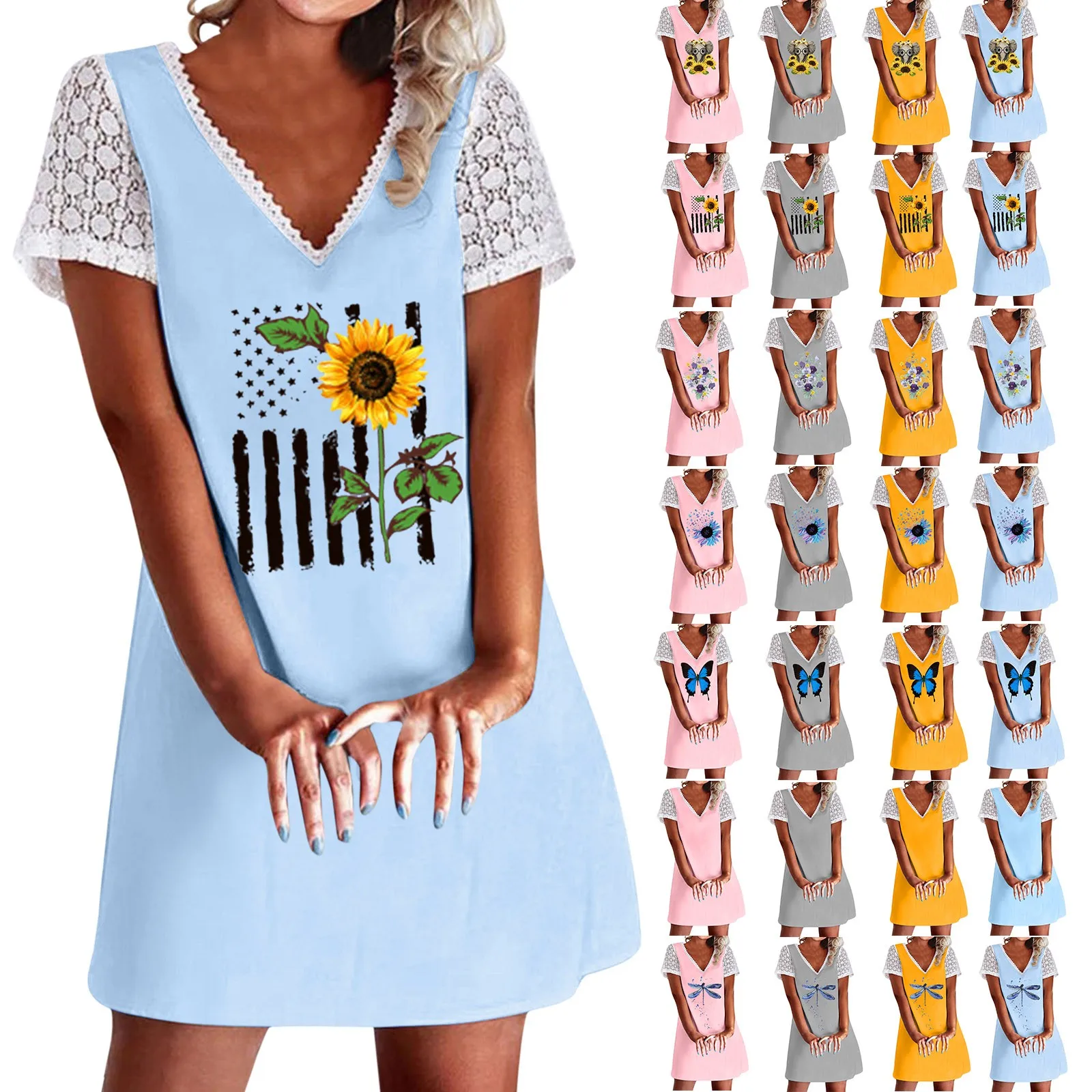 

Женское Повседневное платье с V-образным вырезом, кружевное платье с принтом бабочки, свободное платье-трапеция с коротким рукавом, Пляжное ...