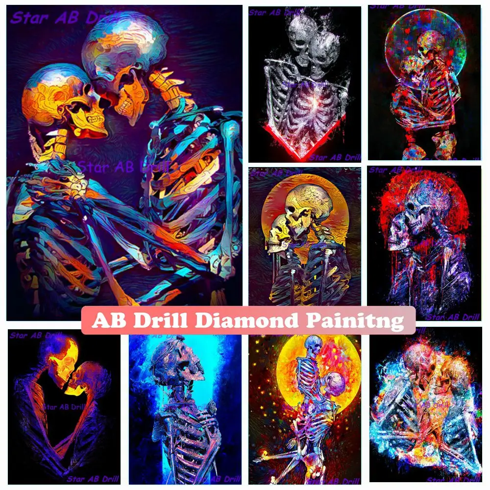 

5d AB Drill Diamond Art Painting Abstract Colorful Skeleton Love Story Of Soul Kiss Mosaic Cross Stitch Kit Home Decor Puzzle