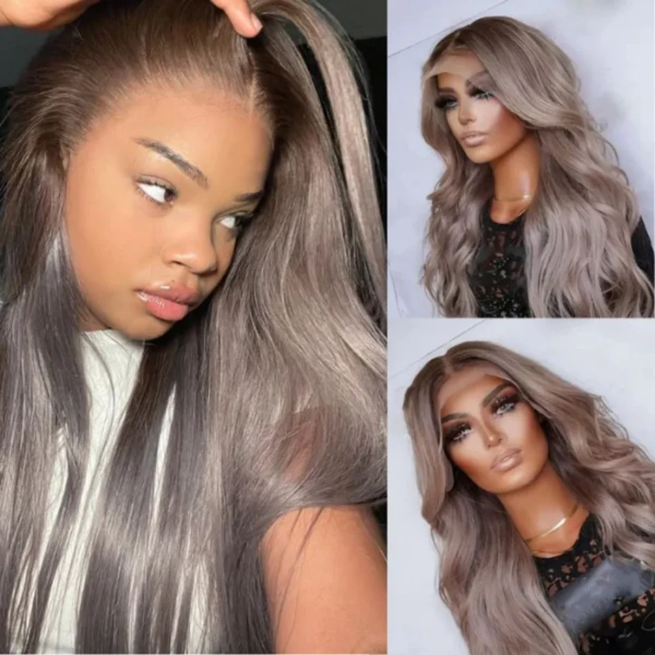UNice Hair Brown Roots with Punky Gray Highlights 13x4 Lace Front Wig Body Wave Glueless Human Hair Lace Frontal Wigs for Women