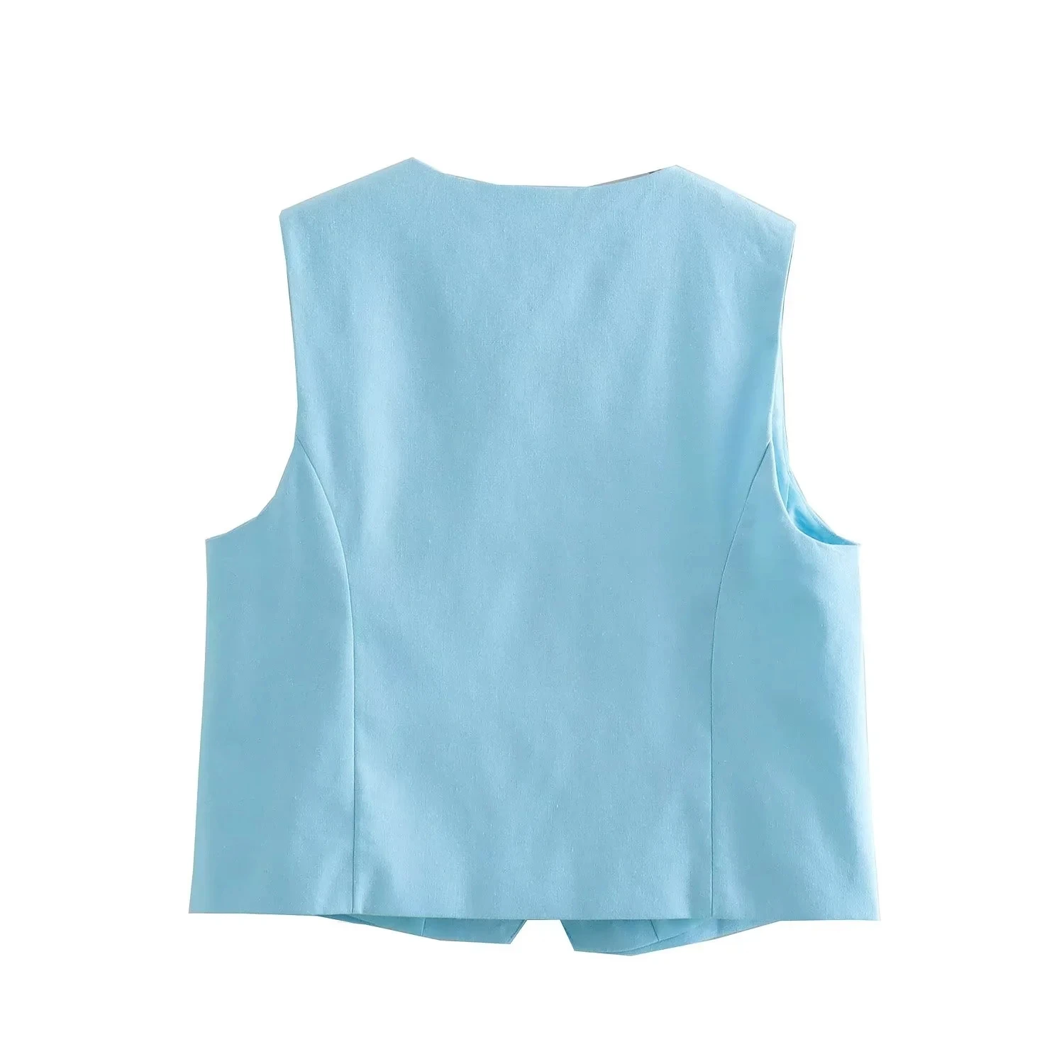 Withered 2023 Fashion Retro Breasted Sky Blue Sleeveless Blazer Linen Vest Women Tops
