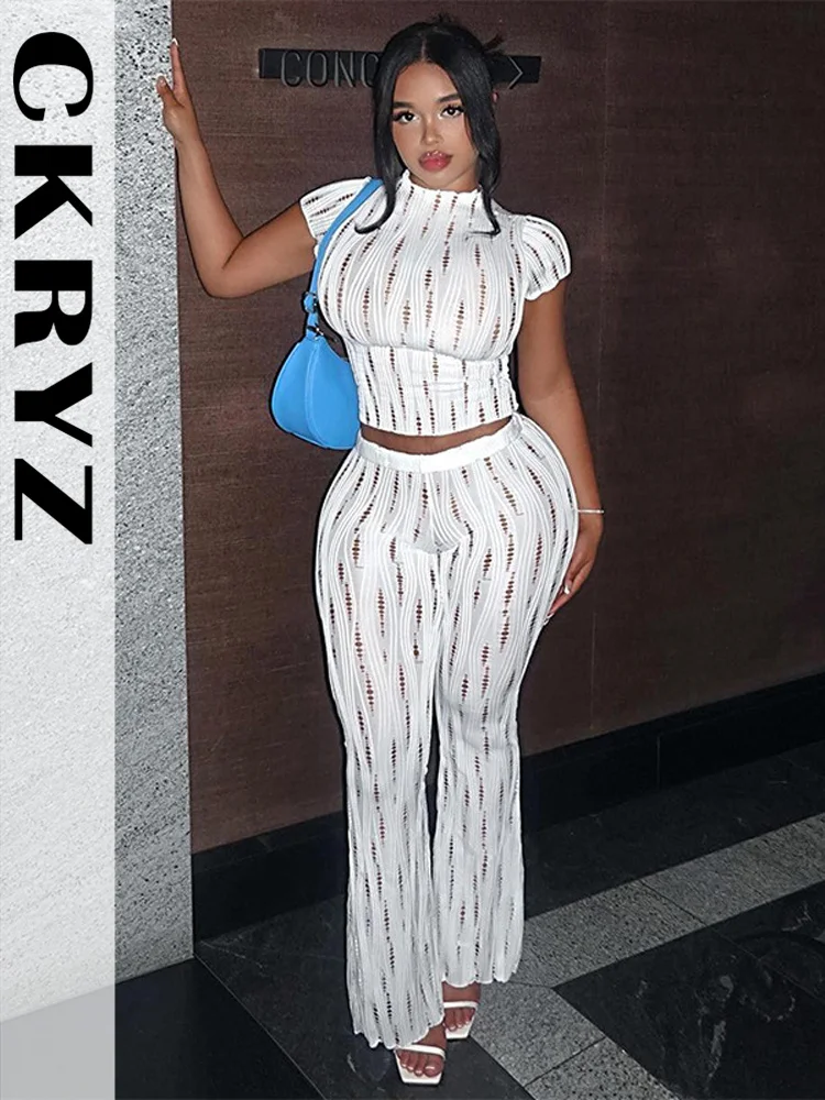

Ladies Autumn 2 Pieces Short Sleeve Hollow Out Sexy Crop Top And Pants Set For Women New Fashion Club Streetwear Y2K Fall Outfit