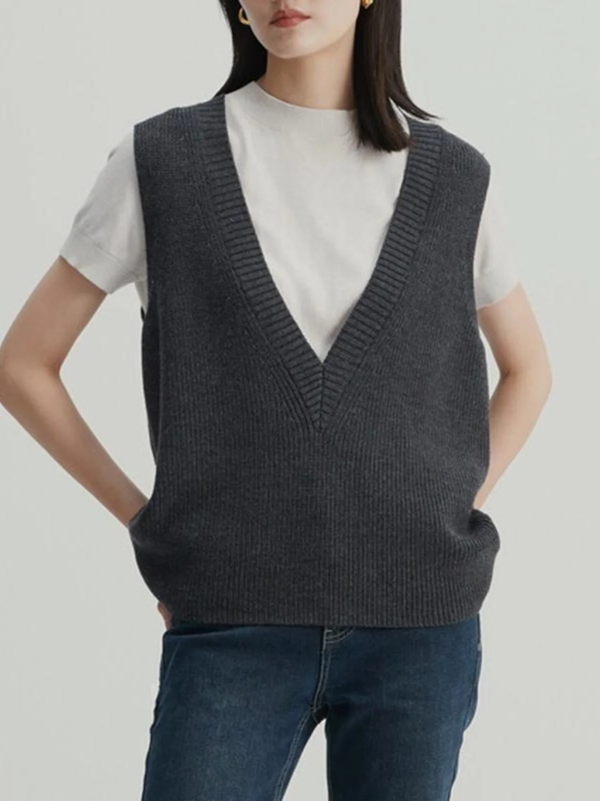 Корейская серия с v-образным вырезом мягкий клейкий однотонный свитер жилет