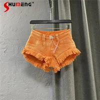 orange super short denim shorts woman 2022 summer new korean style slimming long tassel extra short jeans casual hot pants