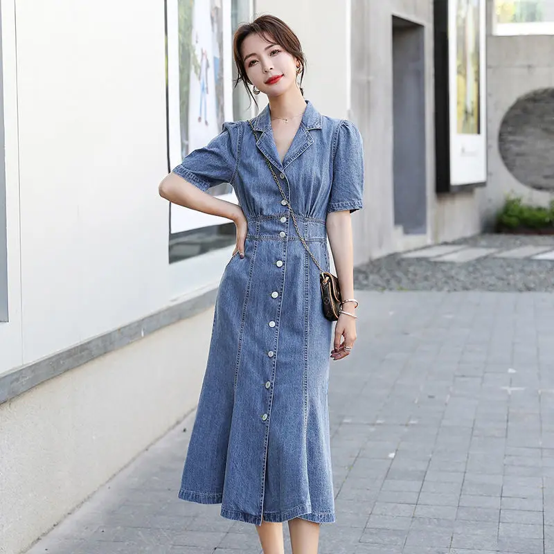 

Plus Size XXL 3XL Blue Color Jean Women Mermaid Dress Turn-Down Neck Summer Short Sleeves Lady Casual Trumpet Dresses