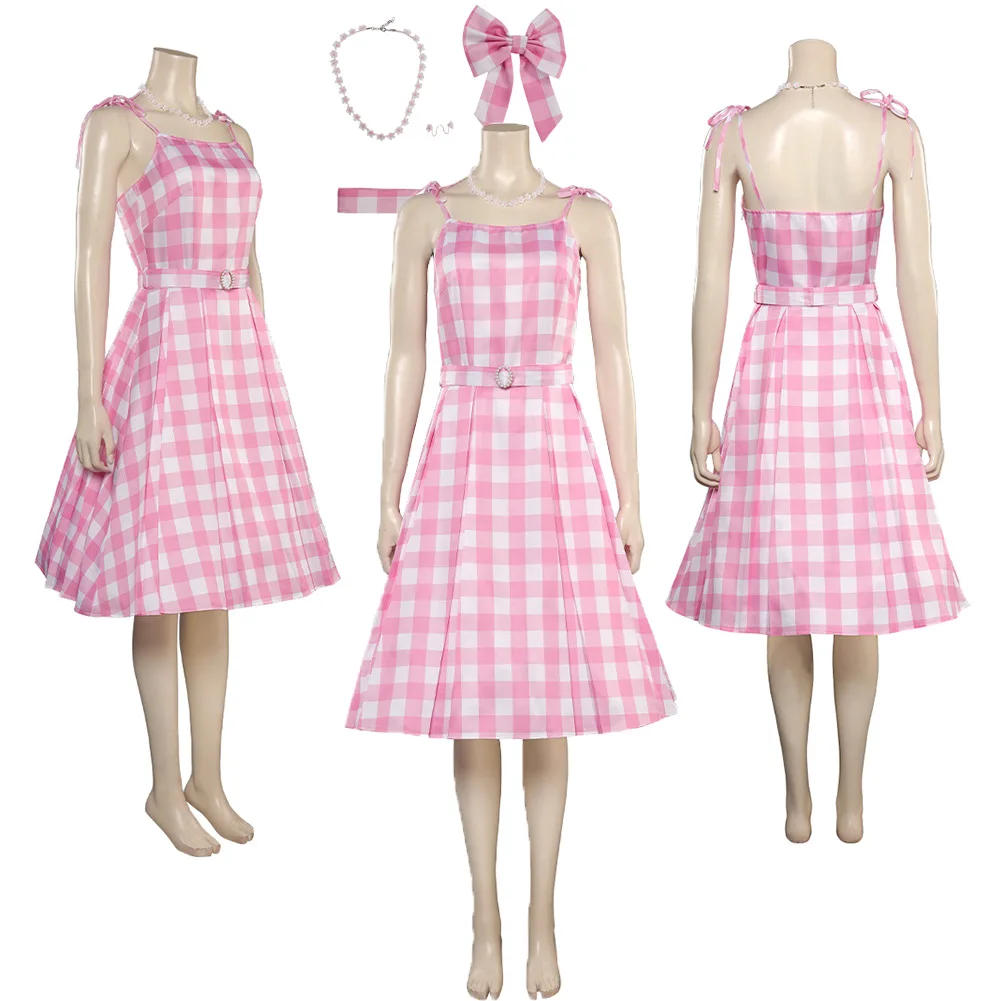 

Margot Cosplay Barbier Dress For Girls Cosplay Costume Women Pink Plaid Fantasia Dresses Outfit Halloween Party Disguise Suit