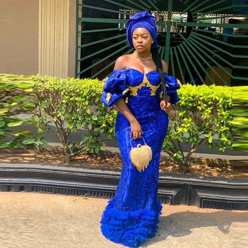 

Aso Ebi Plus Size Evening Dresses Off The Shoulder Royal Blue Mermaid Prom Dress With Lace Appliques Short Sleeves Tiered Gown