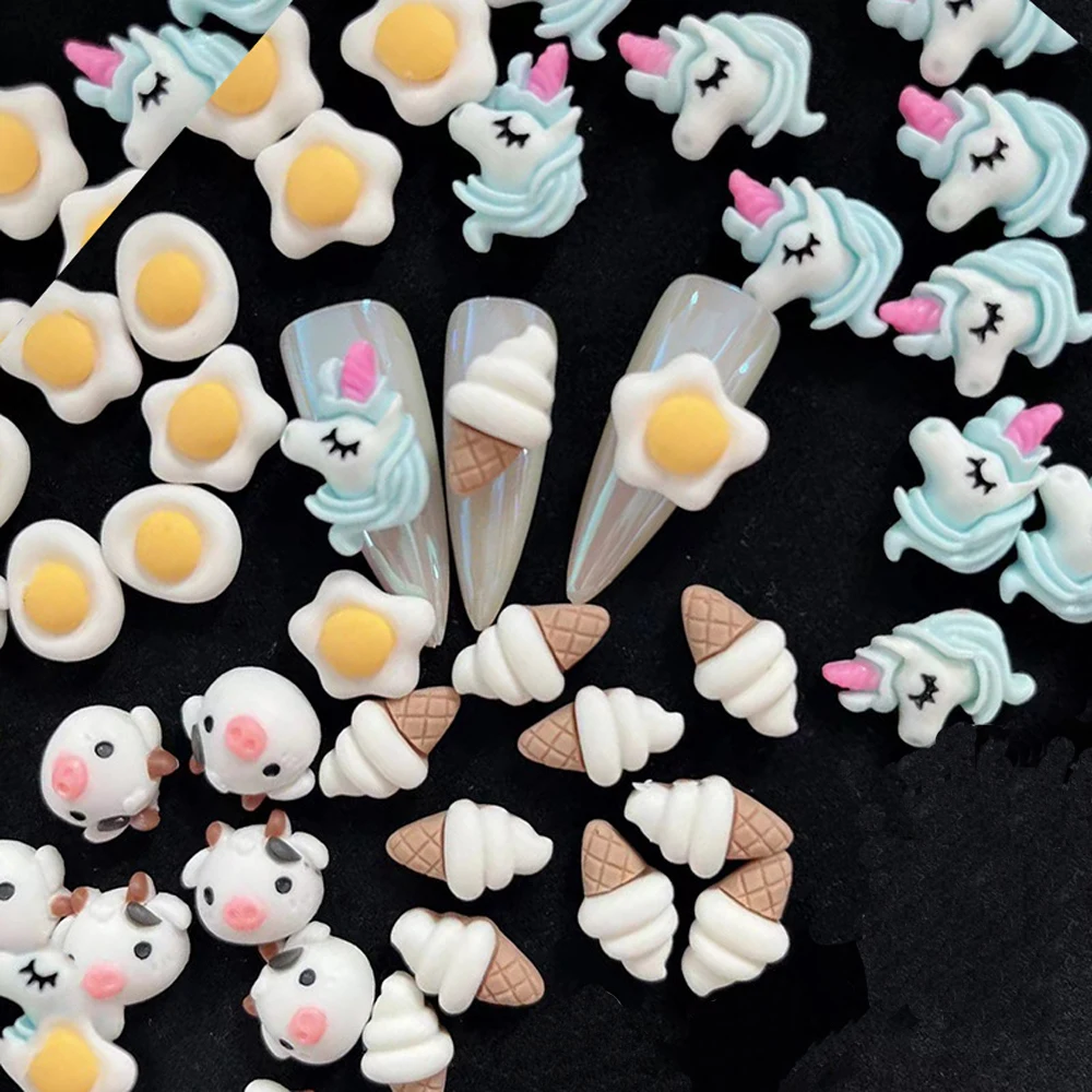 10pcs Cartoon Nail Art Charm 3D Cute Cow Eggs Ice Cream Shape Nail Resin Jewelry Decoration Korea Design Kawaii Nail Accessories