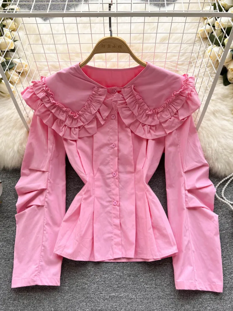 

Женская рубашка с воротником «Питер Пэн», однобортная Блузка с оборками и длинным рукавом, корейский стиль, весна 2022
