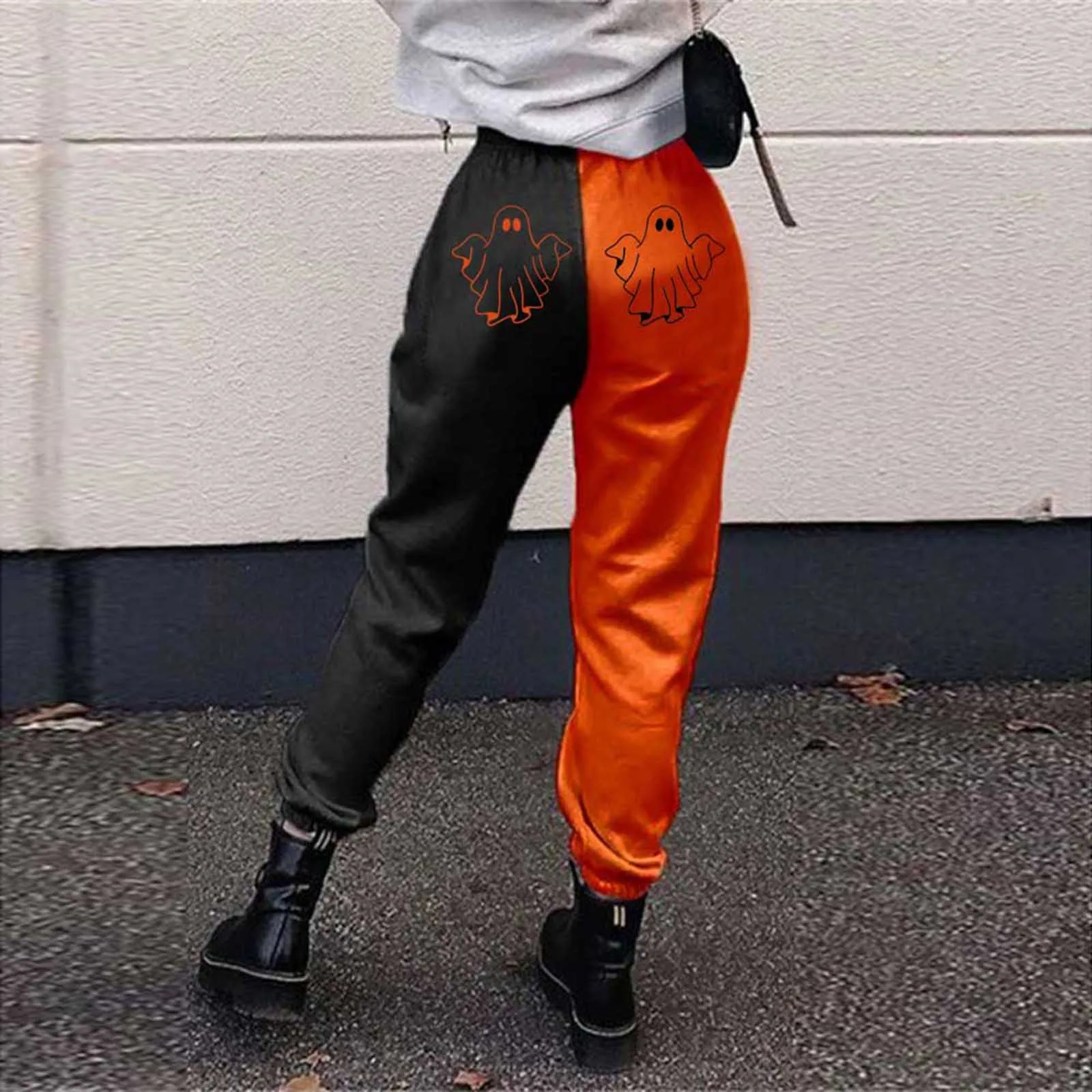 2022 Autumn Baggy Sweatpants Women Pants Halloween Print Colorblock Drawstring Pockets Pants Trousers Joggers Running Trousers