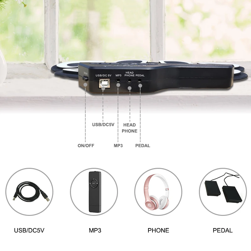 Roll Up Set Silicone 7 Pads Electronic Drum Sets with Sustain Pedal Hand Percussion gift Musical Toy Instrument with stickers