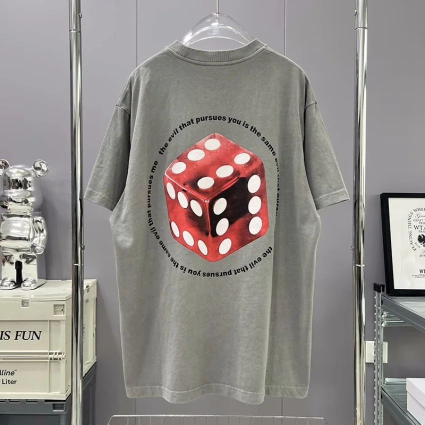 

Oversized Vintage Dice Printing T-Shirt Men Women Washed Heavy Fabric T Shirt Tops Tee
