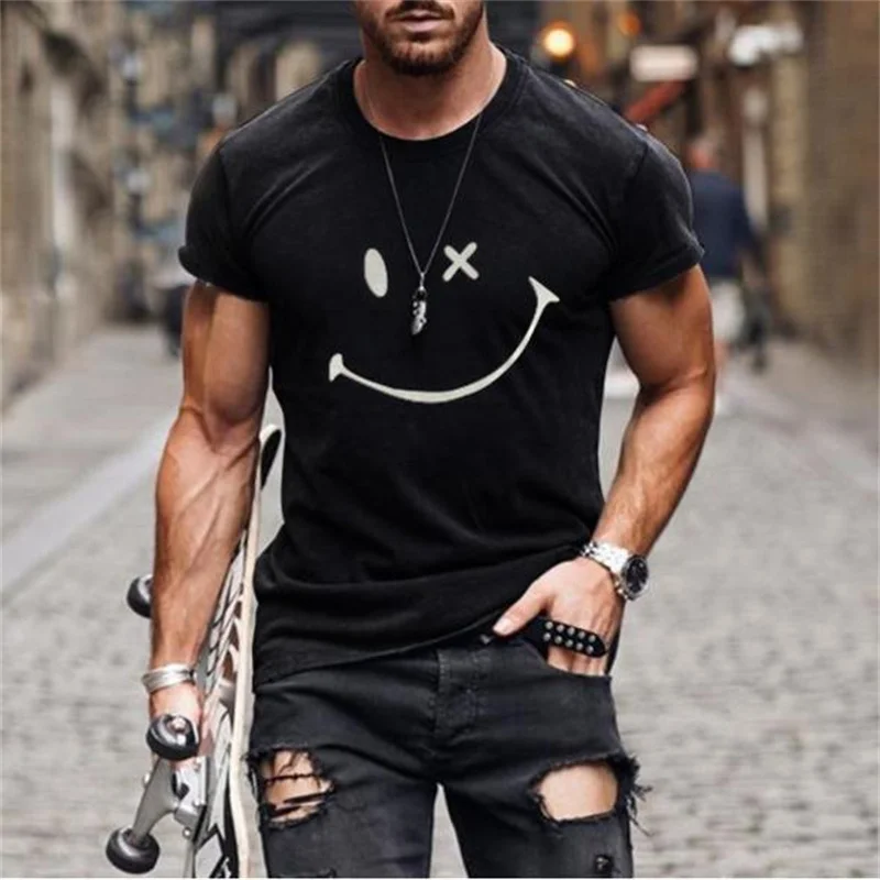 

2022Summer New Mens Street Smiley Casual Graphic T Shirts Trendyol Oversized Vintage Cotton Men O Collared Short Sleeve T-Shirt