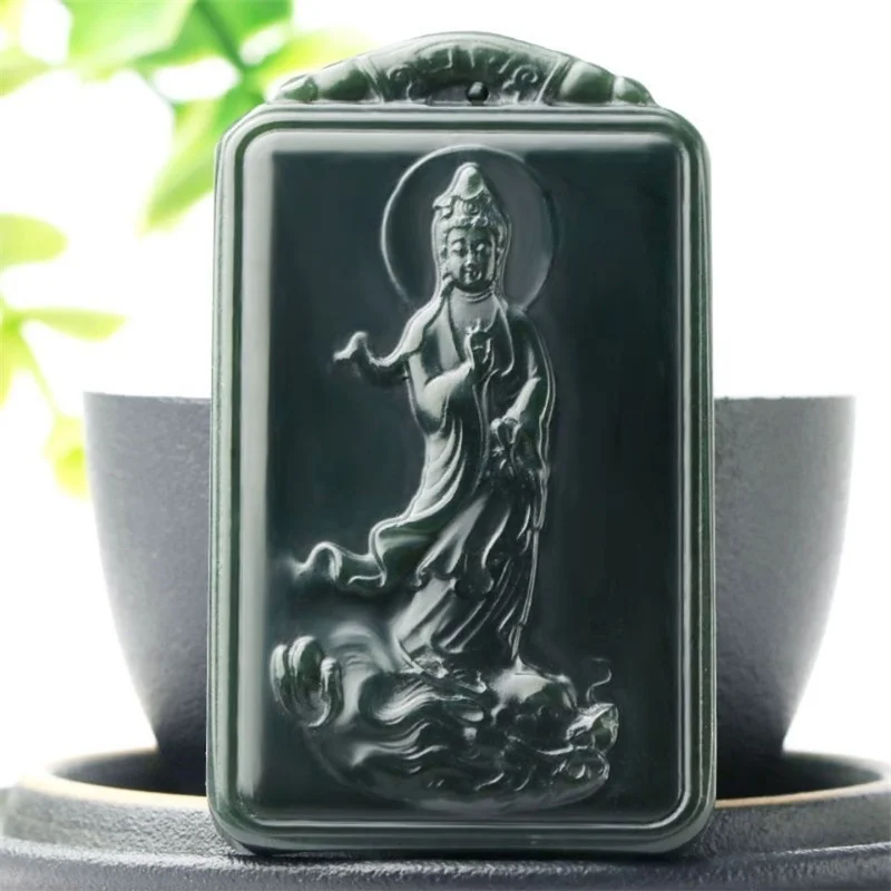 

Natural Green Jade Guanyin Pendant Necklace Men Women Real Chinese Hetian Jades Stone Hand-carved Guan Yin Nephrite Lucky Amulet