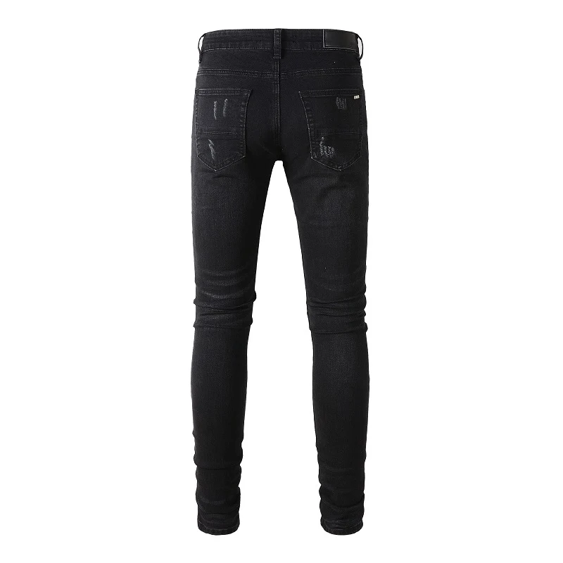 Men's Black Distressed Streetwear Style Colorful Bandana Ribs Patches Skinny Stretch Holes Slim Fit High Street Ripped Jeans