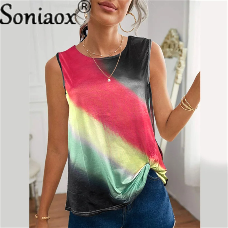 

Women Sexy Vest T-Shirt Summer Tie Dye Gradation Print Fashion Streetwear Harajuku Casual Loose Sleeveless Oversized Tank Tops