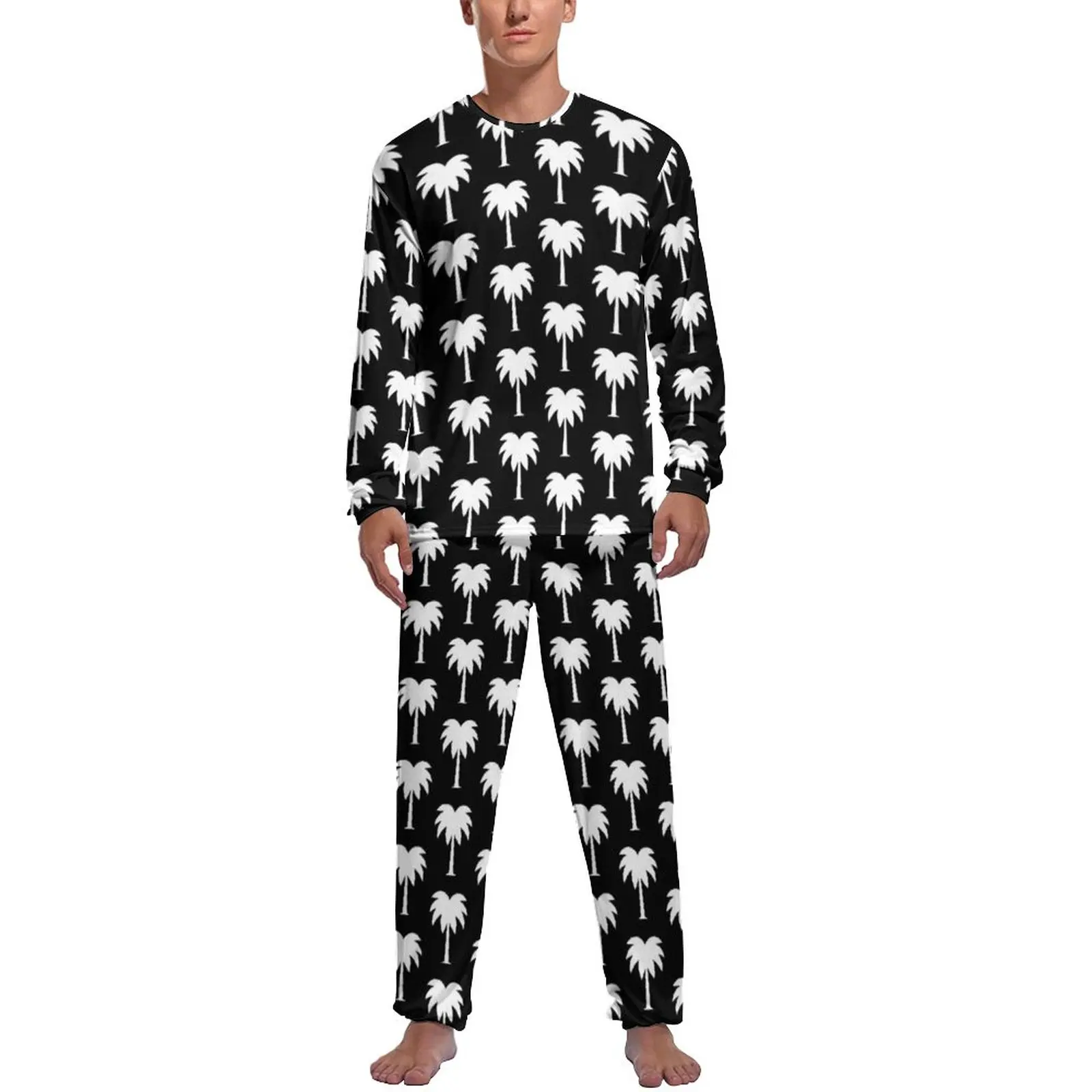 Beach Print Pajamas Long Sleeve Tropical Palm Tree Two Piece Casual Pajamas Set Winter Male Graphic Warm Home Suit