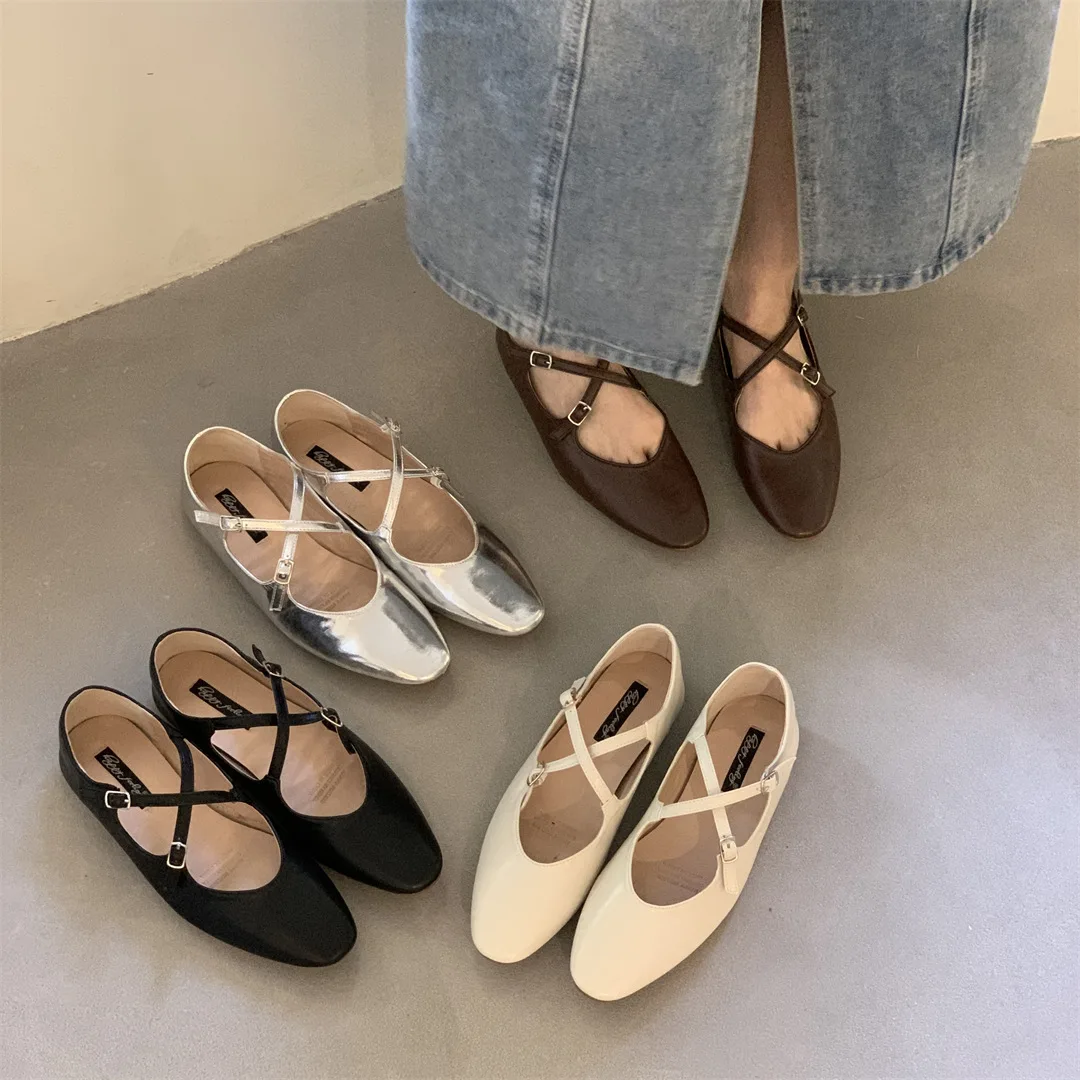 Korean Fashion Solid Narrow Band Flat Shoes Women Retro Silver Mary Jane Shoes Versatile French Ballet Shoes Shallow Women Shoes