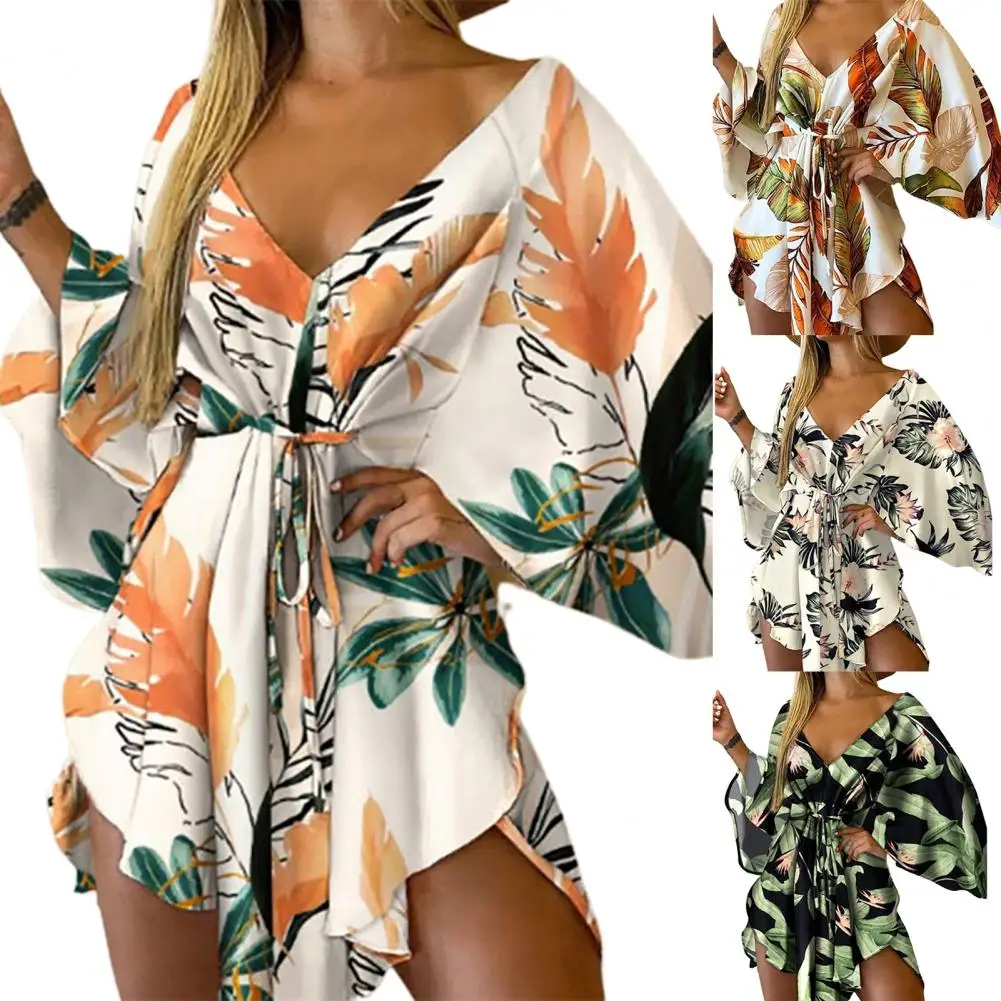 

Asymmetrical Hem Mini Dress Tropical Print Sexy Tie Front V Neck casual women's dresses Beachwear Female clothing Black 2022