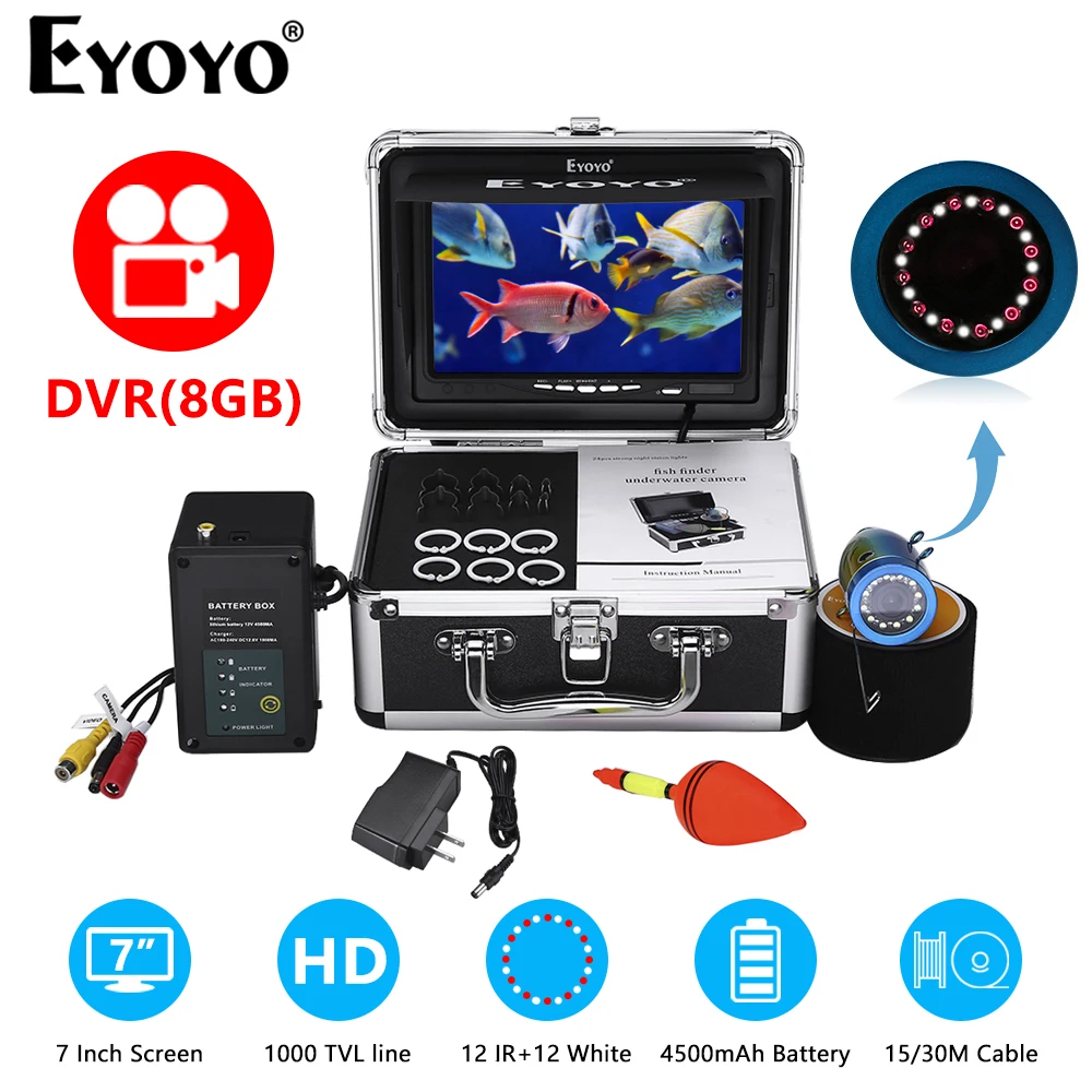 

Eyoyo Underwater Fish Finder 7 Inch Monitor Fishing Camera Kit With DVR Video Recorder 8GB IR & Color Night Vision Ice Fishing