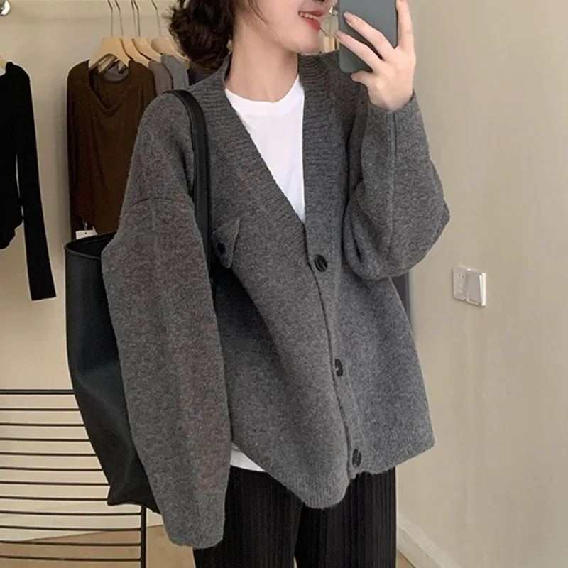 

DAYIFUN Casual Sweater Winter Solid Oversize Knitted Cardigan Women Korean Harajuku Hooded Jumpers Lady Fashion Long Sleeve Tops