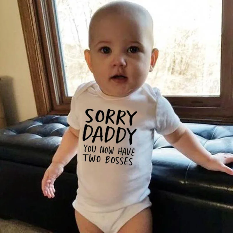 

0-18M Sorry Daddy You Know Have Two Bosses Print Funny Newborn Baby Cotton Romper Infant Bebe Boy Girl Short Sleeve Jumpsuit