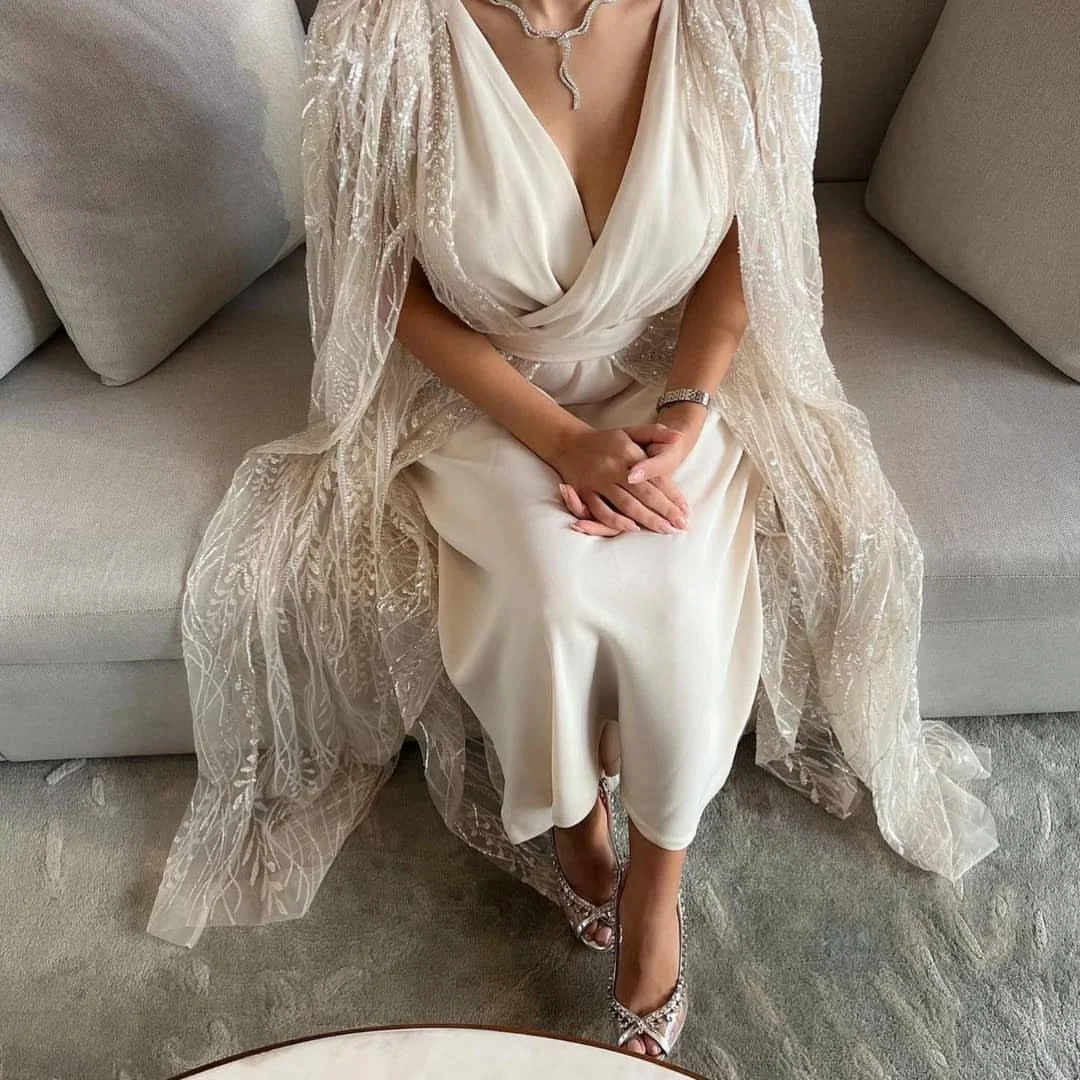

Chiffon Female Middle East Formal Occasion Gowns V-neck Evening Party Dresses for Women Simple Beading Pleated Prom Dress