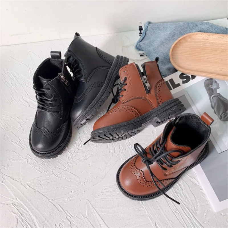 

COZULMA Children Shoes Autumn Winter Retro Versatile Boots for Boys Fashion Leather Short Boots Girls British Style Ankle Boots