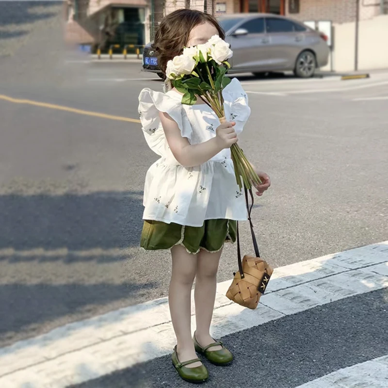 

2PCS Kids Girls Summer Ruffle Tops Shorts Sets Clothing Children Casual Loose Flowers Shirts Pants Outfits Clothes 3-7 years