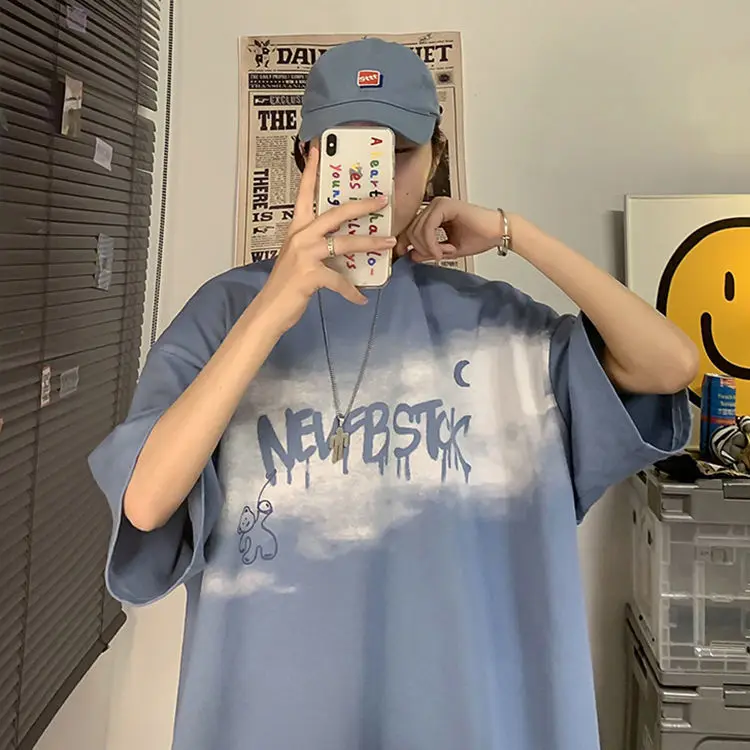 

Summer New Japanese Printing Cloud Moon Bear Letter Short-Sleeved T-Shirt Female Ins Harajuku Casual Cute Loose Oversized Top
