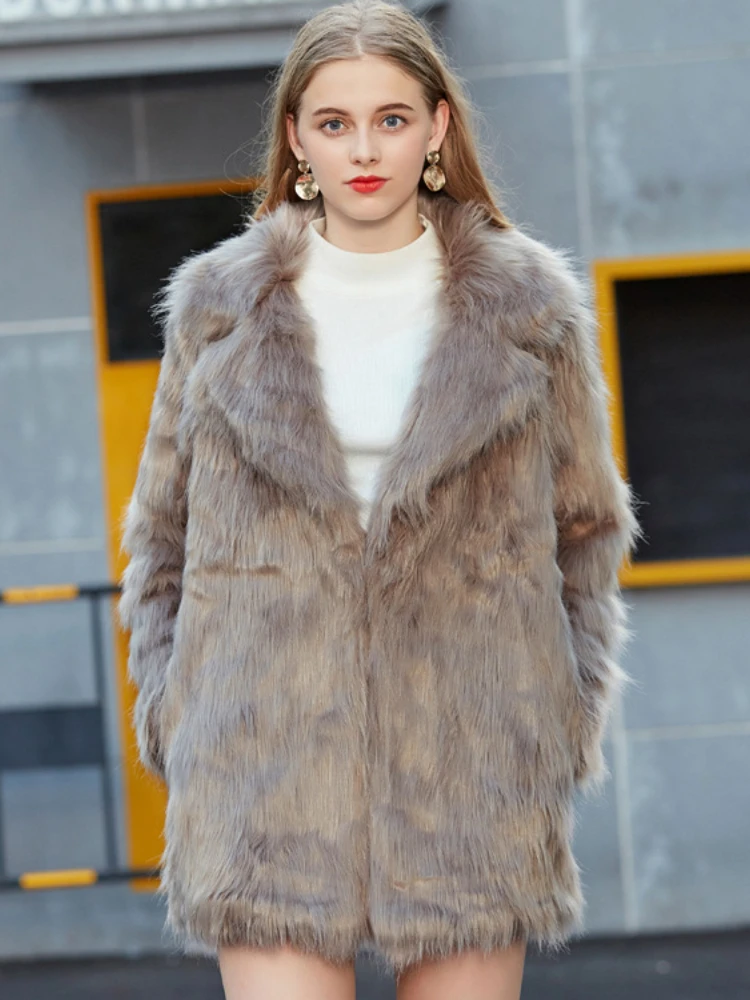 Elegant Ladies Faux Fox Furry Coat Women 2022 Winter Fashion Suit Collar Faux Fur Office Midi Coat Casual High Street Outwear
