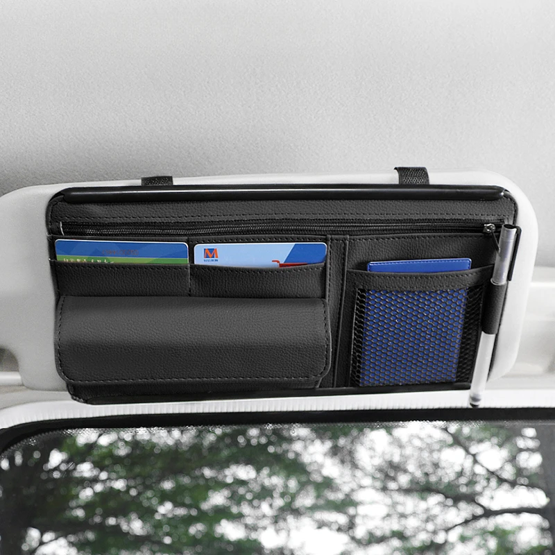

Car Sun Visor Plate Storage PU Leather Bag Interior Auto Sunshade Organizer for Sunglasses Cards Holder Automotive Accessories