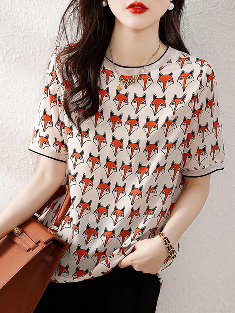

BOBOKATEER 2023 Fashion Women Clothing Round Neck Fox Print T Shirt Loose Tee Shirt Femme Casual Summer Top Camisetas De Mujer