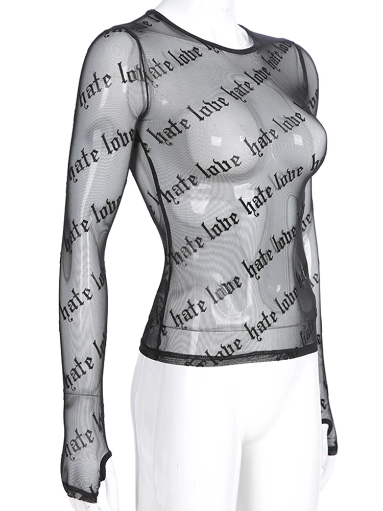 Футболка женская прозрачная сетчатая с длинным рукавом и надписью