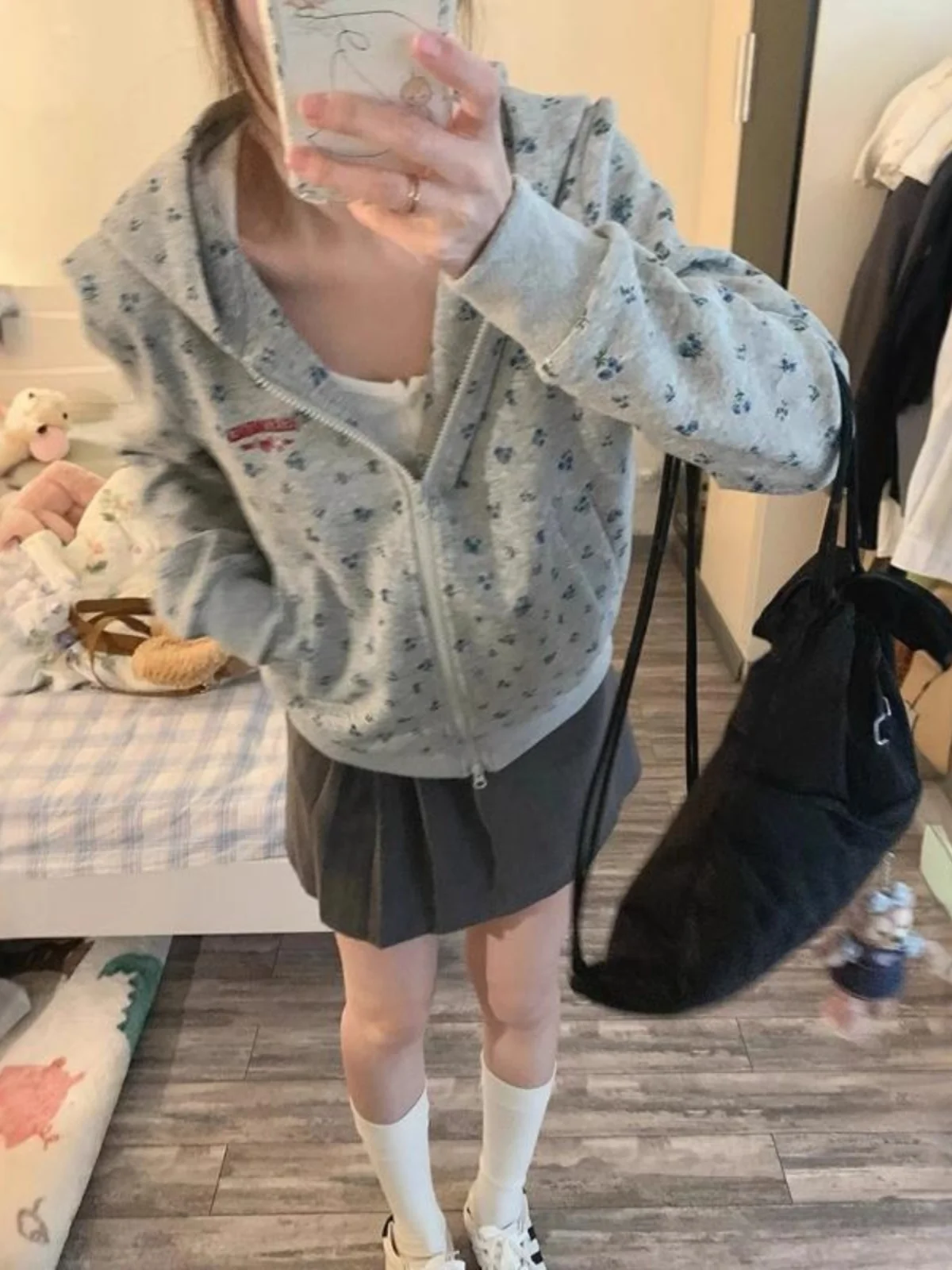  Floral Shoulder Fleece-lined Thick Short Outerwear Trendy Autumn and Winter New Design Sense Chic Hoodie