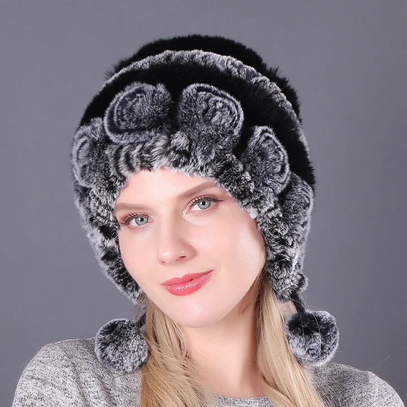 Women Fur Hat For Winter Natural Rex Rabbit Cap Russian Female Fur Headgear Outdoor ear Warm Flowers Earmuff Beanies Caps