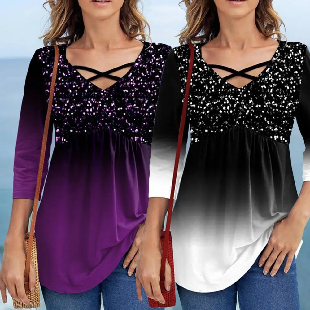 

Cozy Women T-shirt Washable Flexible Decorative Gradient Women Pullover T-shirt Pullover T-shirt Pullover Top