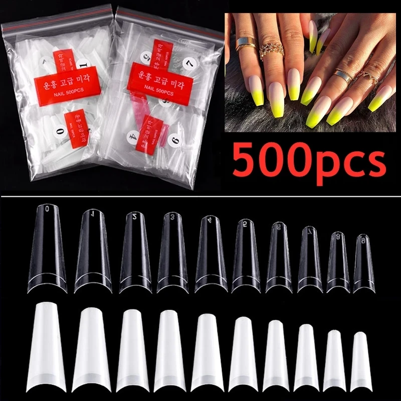 

500pcs 10 Sizes French Ballet Coffin False Ballerina Nail Tips Clear Natural Acrylic UV Gel Fake Nails Half Cover Manicure Tools