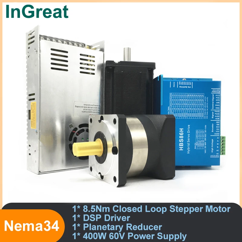 

8.5Nm kit 86mm Nema34 Closed loop Stepper motor with Encoder &Easy Servo Driver & 400W 60V Power Supply & Planetary Gearbox