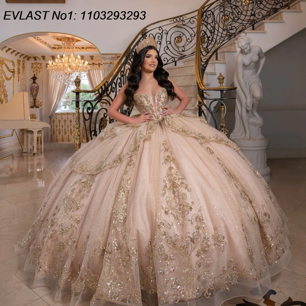 Фото EVLAST блестящее розовое платье Quinceanera по индивидуальному заказу, бальное платье с золотыми блестками, аппликация, бант из бисера, милое платье 16, Vestidos De 15 Anos E1QN685 №5