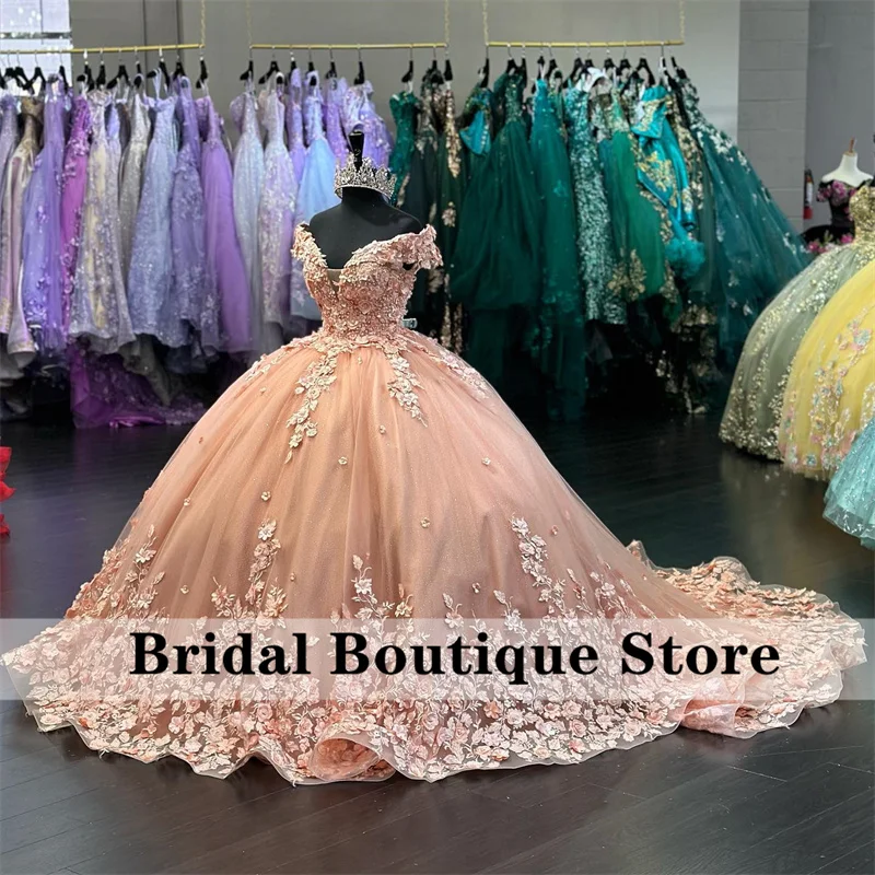 

New Design Princess Ball Gown Quinceanera Dresses 2023 3D Flowers Applique Pearls Sweet 16 Dress Birthday Vestidos De 15 Años