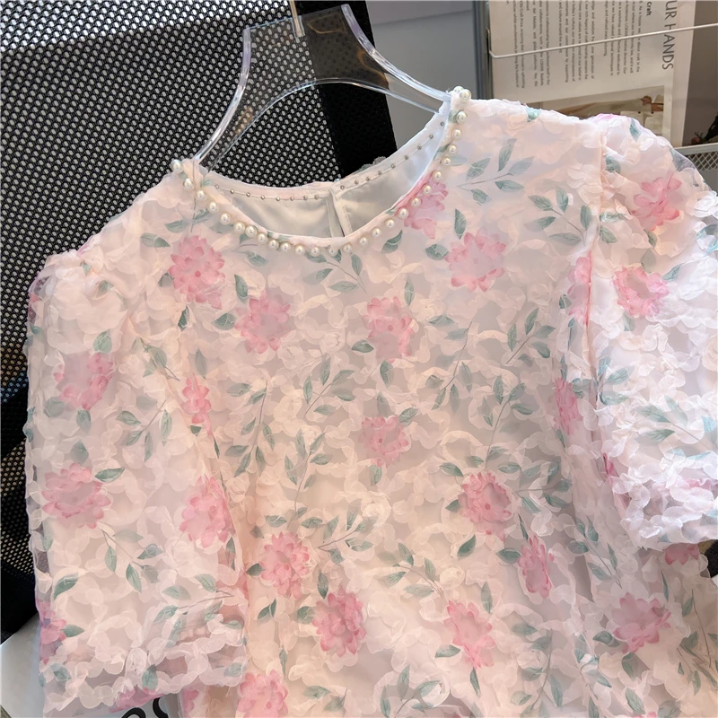 Женские летние рубашки с бусинами и цветочным принтом новинка 2024 шикарная