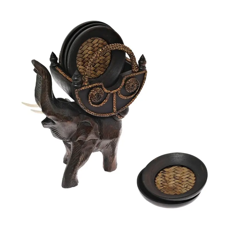 

Carriage Coaster Set with Holder Carved Rain Tree Wood