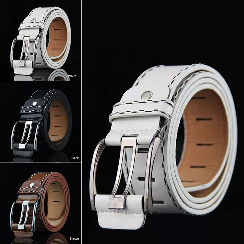

Men Women Vintage Fashion Metal Buckle PU Leather Waist Belt Business Jeans Pants Waistband White/Black/Brown