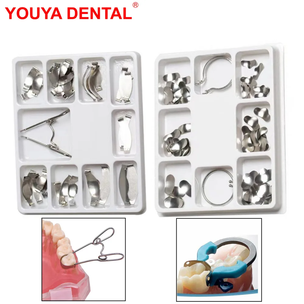 100pcs/box Dental Matrix Band System Dental Sectional Contoured Matrices Metal Full Kit Dentistry Ring Spring Clip Dentist Tools