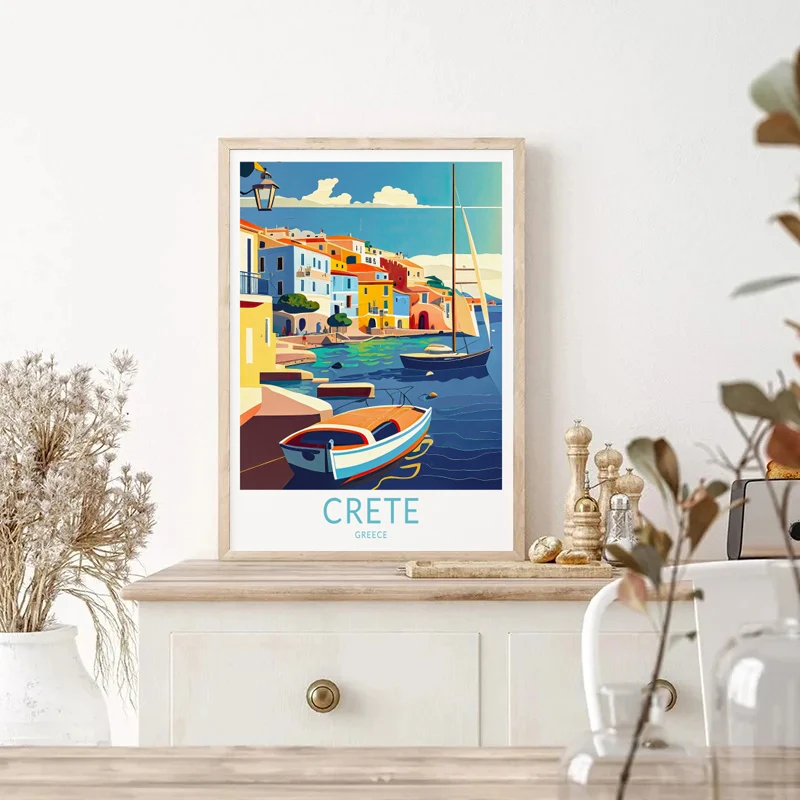 Ретро-постер для путешествий по городу Греции острову Санторини Голубой замок