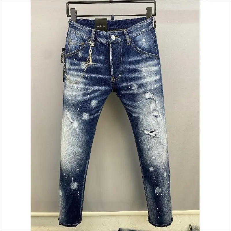 

Men's Fashion Casual High Street Denim Fabric Pants Trendy Letter Printing Hole Spray Paint Jeans 9873#