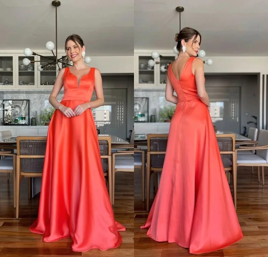 

V-Neck A-Line Satin Carol Evening Dresses Floor Length Simple Prom Party Dresses for Women with Belt