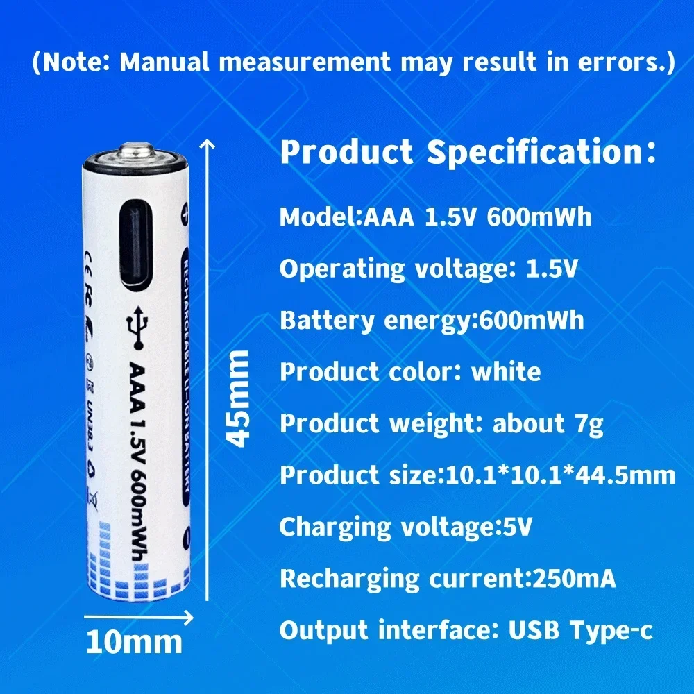 Перезаряжаемая литиевая батарея AAA 1 5 в МВт/ч быстрая зарядка через USB